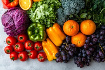 The concept of healthy eating and farming is represented by a flat lay of colorful, organic vegetables positioned on a white background, providing space to insert text or other design elements