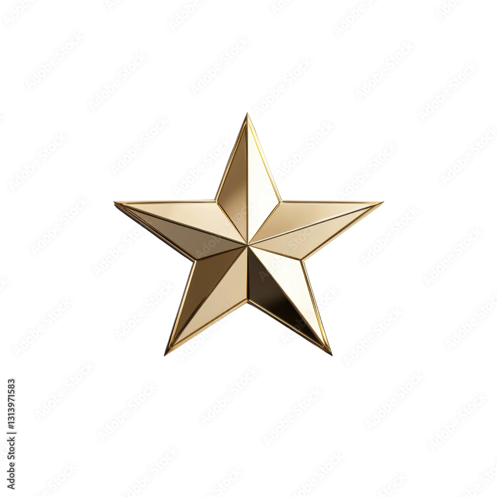 Poster golden three-dimensional star with sharp points and reflective surface isolated on a white backgroun