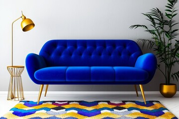 Image of a bright living room with a royal blue couch, three simple paintings, a window with curtains, and fresh plants