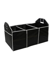 Black fabric storage box with white trim featuring three compartments and two top handles for...