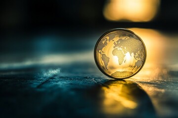 Close-Up View of a Silver Coin with World Map Design on a Reflective Surface Enhancing Mood and Light