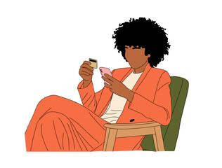 Black woman holding credit card, phone, sitting on armchair. Pretty african american Girl making payment with bank card for online shopping. Vector illustration isolated on transparent background.