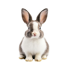 Obraz premium Adorable fluffy rabbit with distinctive markings sitting upright, showcasing large ears and curious expression against a clean white background