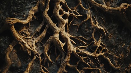A close-up view of intricate tree roots intertwined with soil, showcasing natural textures and earthy colors.