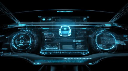 Obraz premium Illuminated holographic display of a vehicle dashboard in blue light