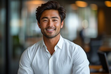 Obraz premium A confident young Asian businessman is standing in his office with a smile