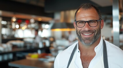 Obraz premium A chef wearing glasses and a white shirt stands in a modern restaurant kitchen. He smiles warmly at the camera while patrons enjoy their meals in the background