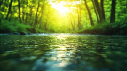 Fototapeta premium abstract background with water cascading into a forest stream, green and blue tones, clean and natural minimalist design