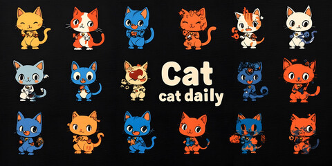 Obraz premium An array of animated cats with different expressions and poses, set against a dark background. The word 