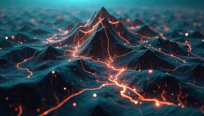 Tech grid illustration of mountain map with terrain surface, eclipse glow. Geometric cyber mesh design of futuristic hud landscape, blue space background. Great backdrop for tech, sci-fi projects.