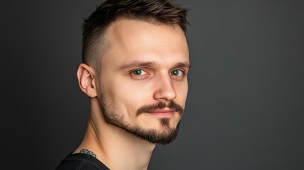 Obraz premium A young man stands confidently, showcasing a well-groomed beard and striking green eyes. He gazes directly at the camera, with a neutral background enhancing his features