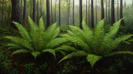 Lush Green Ferns in Tranquil Forest Setting with Trees
