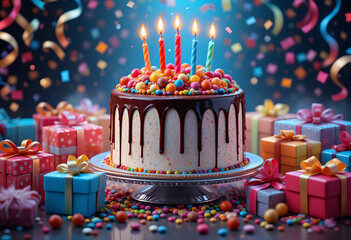 birthday postcard with an ultra-realistic cake covered in dripping chocolate and candy decorations. Around the cake
