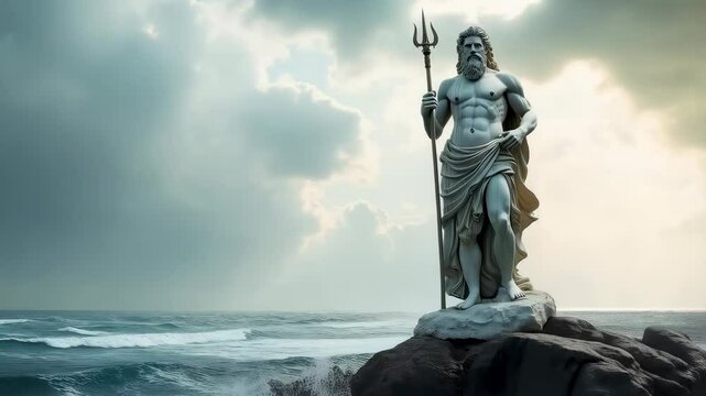 A majestic marble statue of Poseidon (Neptune), the legendary Greek god of the seas, with stormy clouds and a turbulent sea behind