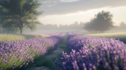 Soft-focus lavender field at dawn, mist rising gently over the blooming plants