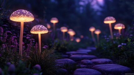 Fototapeta premium Glowing Mushrooms Illuminate Magical Forest Path at Twilight
