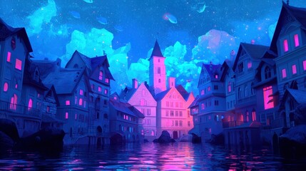 Obraz premium Enchanted Night Cityscape with Colorful Reflections in Water