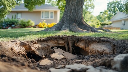 Obraz premium Exposed tree roots, damaged ground, suburban yard