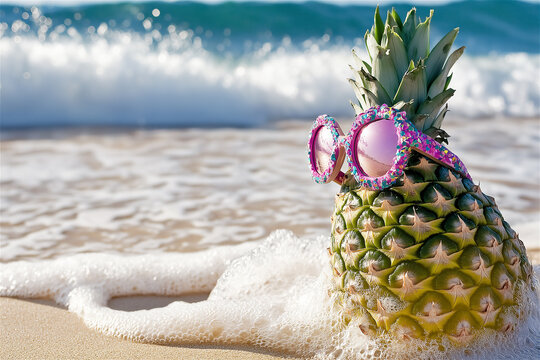 Tropical pineapple wearing pink sunglasses sitting on sandy beach near ocean waves under bright sunlight. Fun summer vacation concept with tropical vibes.