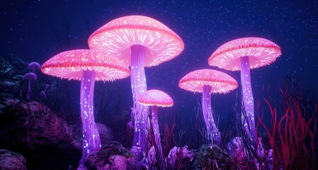 Glowing Pink Mushrooms in a Mysterious Underwater Landscape