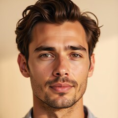 Fototapeta premium Calm man with soft expression against cream background, inner peace