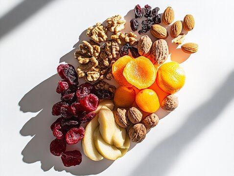 Happy Osian Jewish holiday style, with dried fruits and nuts on a white background with text in Hebrew, Yiddish and English. Shabbat, Jewish and Artistic composition with short and sharp shadows. 