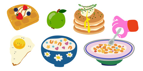 Morning breakfast food retro cartoon set. Cereal milk breakfast in bowl, pancakes, fried egg, waffles with berries. Sweet kids food illustration