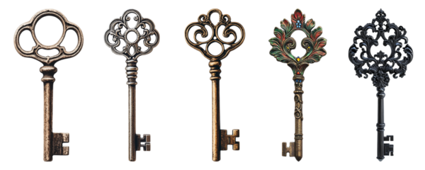 Srt of Antique key with intricate details isolated on transparent background, cut out