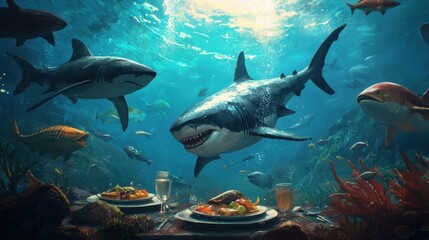 Obraz premium Underwater Dining Experience with Sharks and Delicious Seafood