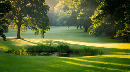 Obraz premium A peaceful sunlit glade with a small pond and trees casting soft shadows.