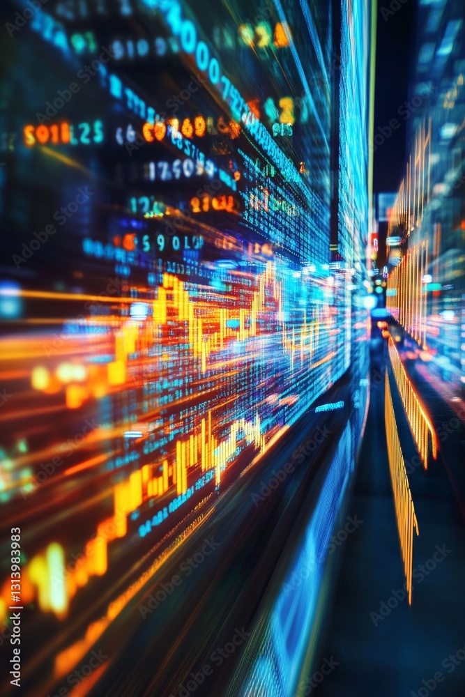 Poster dynamic visual representation of financial data with colorful motion blur in urban environment