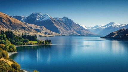 Naklejka premium Scenic lake view with snow-capped mountains under a clear sky.