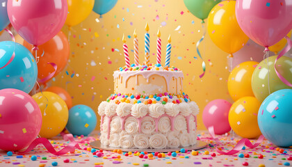 A cheerful  3D birthday postcard with a fluffy cake topped with colorful candy decorations