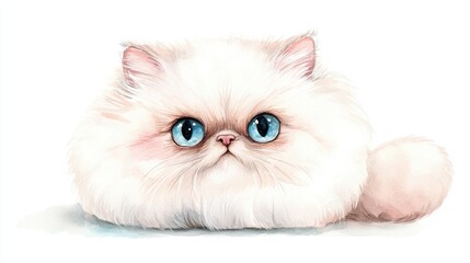 A fluffy white cat with striking blue eyes rests adorably, showcasing its soft fur and round face.