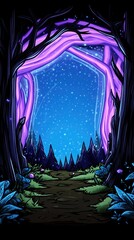 Fototapeta premium Forest path to glowing portal. Dark trees, plants & sky background