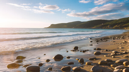 A sunlit beach with smooth stones scattered along the shore and gentle waves.