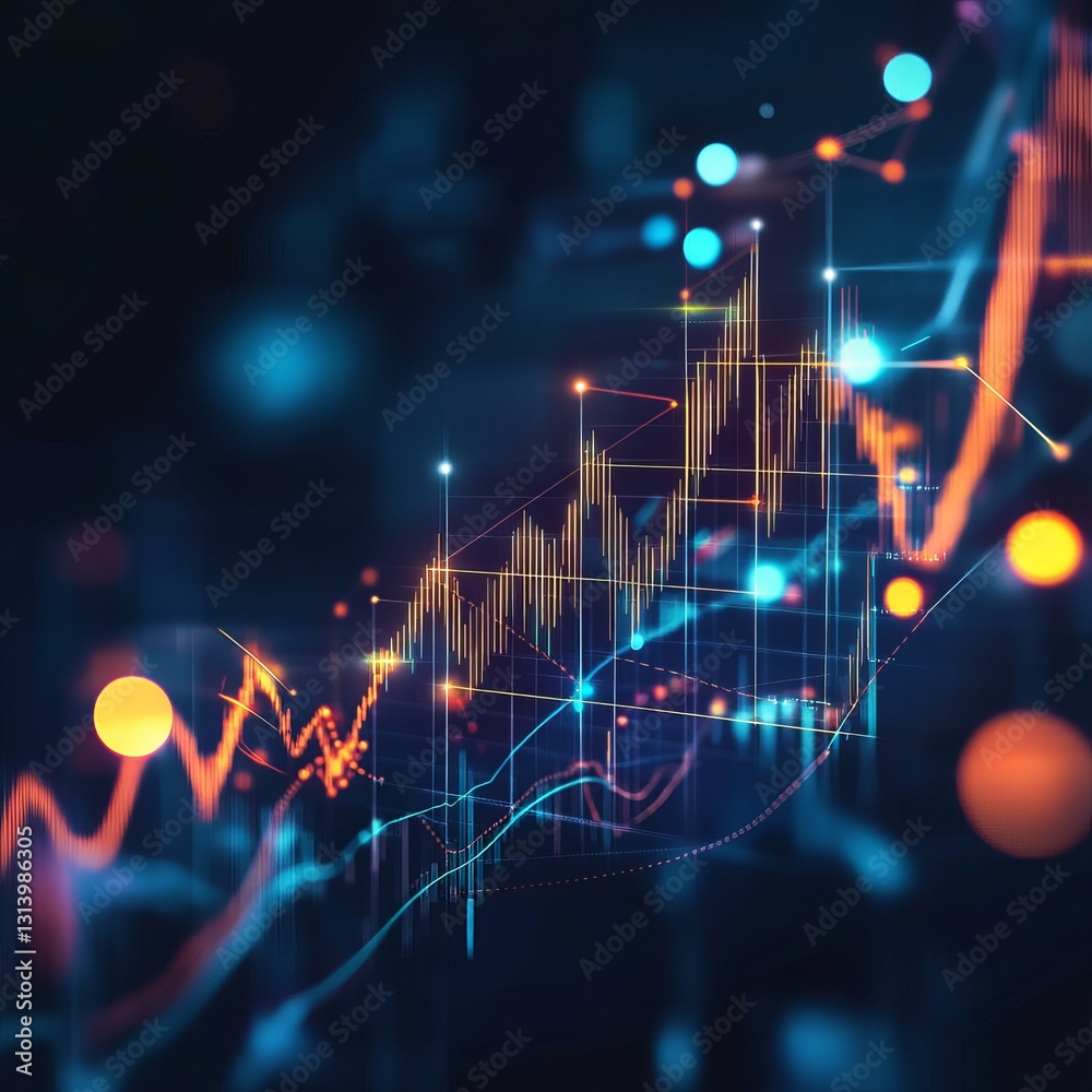 Poster colorful data visualization featuring a dynamic graph with bright elements representing trends and m