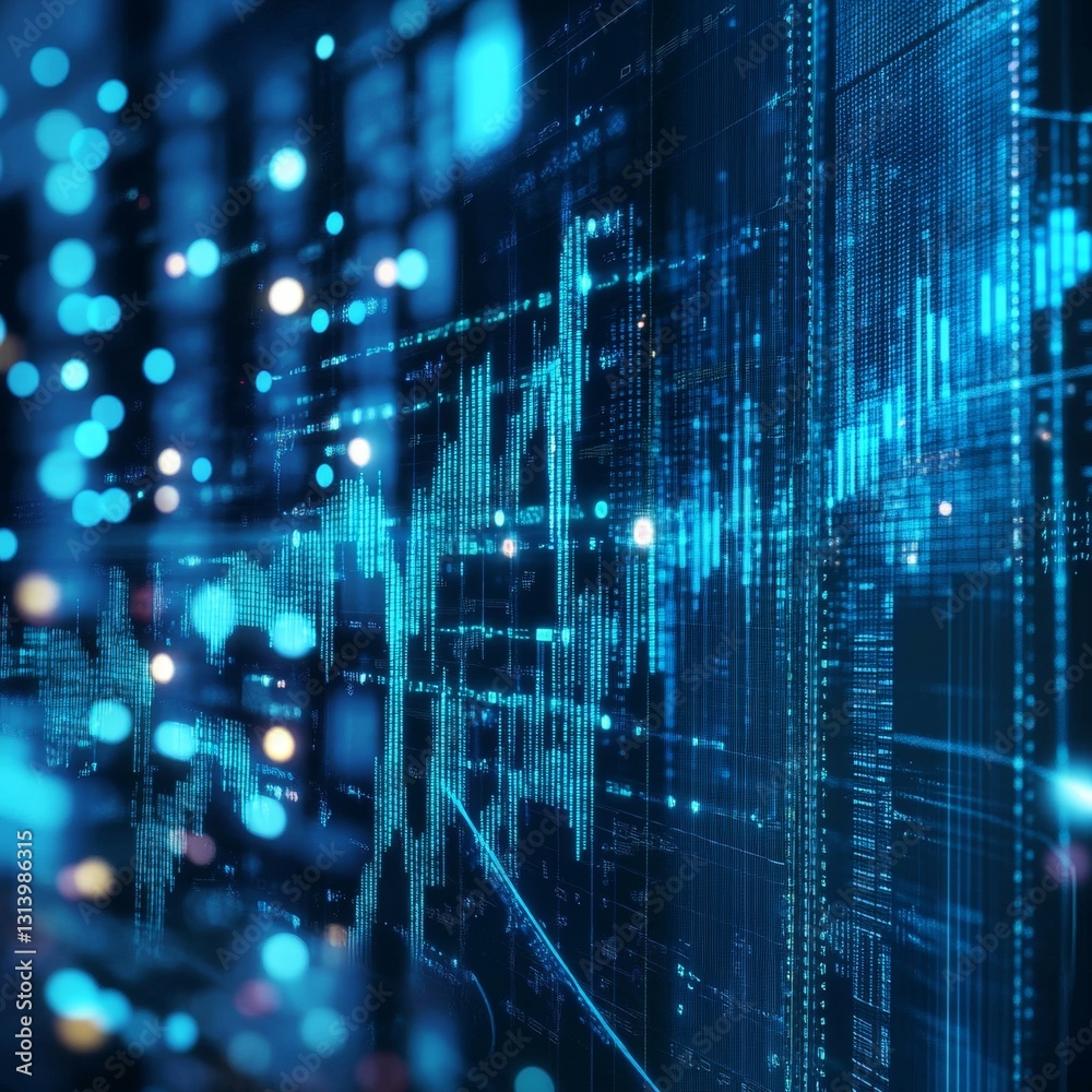 Poster abstract digital data visualization with blue light patterns and glowing graphs in technology enviro
