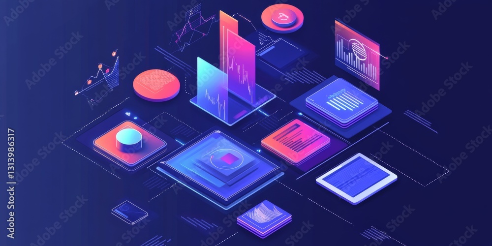Poster futuristic abstract digital visualization with colorful geometric shapes and patterns with lights