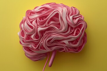 Charging the brain and resting the mind, with plugs and cables leading to winding plastiline paths on a yellow background from a top view with copy space