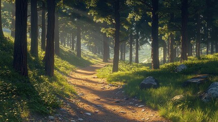 Fototapeta premium Sunlit forest path winding through lush greenery.