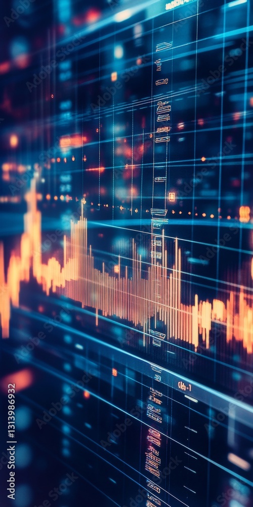Poster abstract digital data visualization with blue and orange graph representations in a financial contex