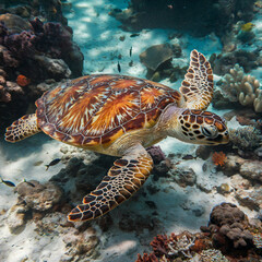 A Hawksbill Sea Turtle swimming