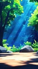Forest scene Sunlight filters through trees onto rocks. Animation style, vibrant colors, serene atmosphere
