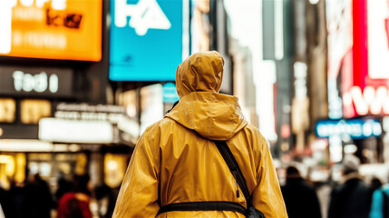 Obraz premium Man in yellow jacket walking through vibrant city street at night with colorful lights. Urban lifestyle, independence, and adventure concept with copy space.