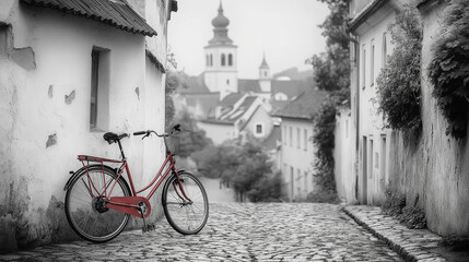 Classic Retro Bicycle in Old Town's Cobblestone Lane, Monochrome Palette with Subtle Lighting