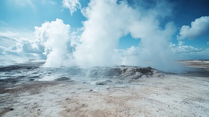 Fototapeta premium Steam rising from geothermal features under a bright blue sky with fluffy clouds in the background