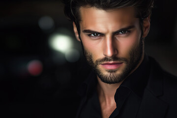 Obraz premium Intense close-up portrait of a handsome, strong-jawed man with dark, wavy hair, a well-groomed beard, and piercing eyes, wearing a sleek black suit with an open-collared shirt. 