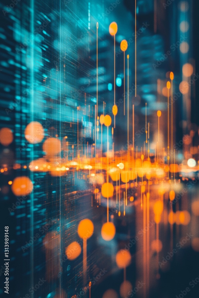 Poster abstract digital visualization of data flow with blue and orange light patterns in technology