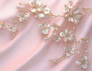 3d wallpaper with beautiful flowers and pearls on pink 
